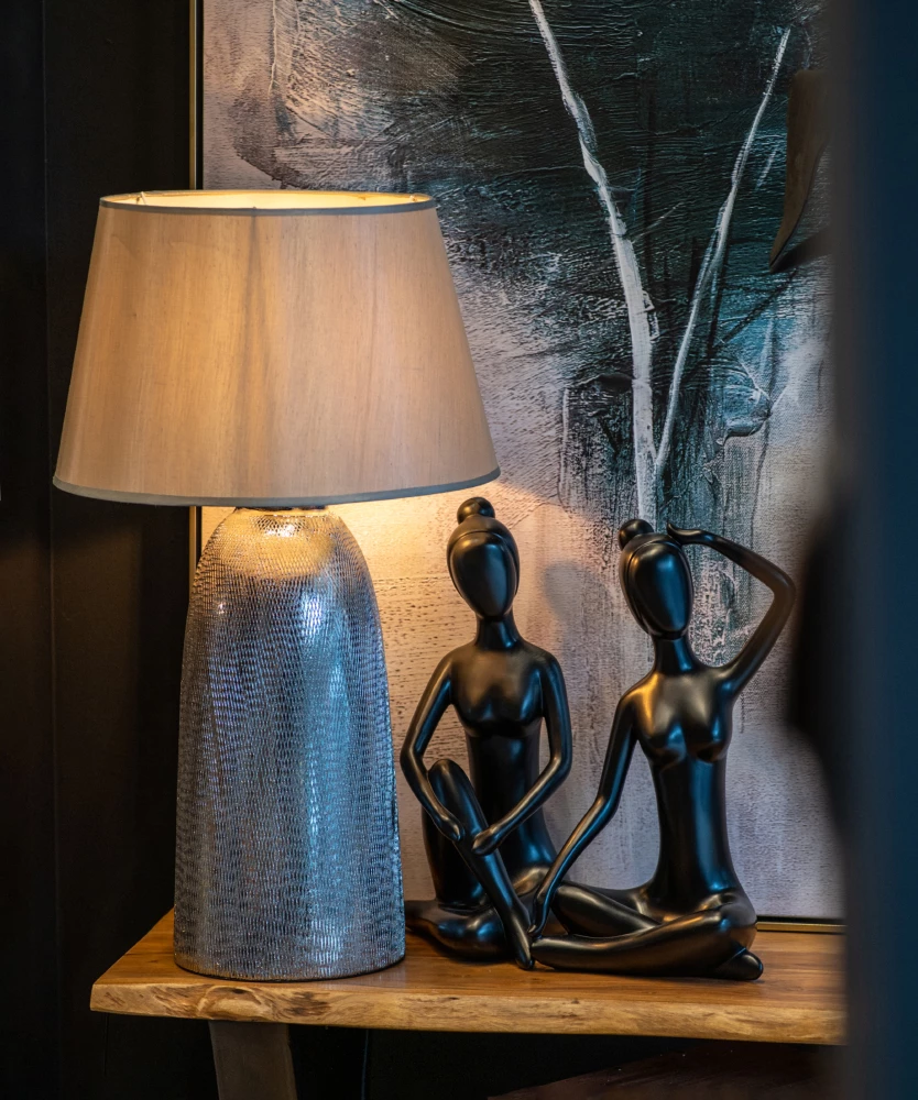 Llambë tavoline Argent, qeramikë argjendi, stof i bardhë, 40x40x67cm