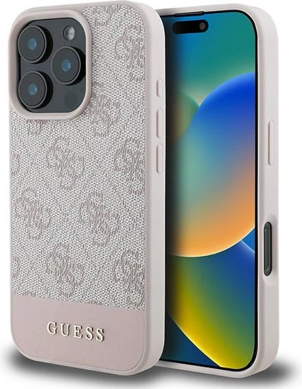 Mbështjellës, Guess 4G Bottom Stripe, për iPhone 16 Pro Max 6.9", TPU/PC/eko-lëkurë, rozë