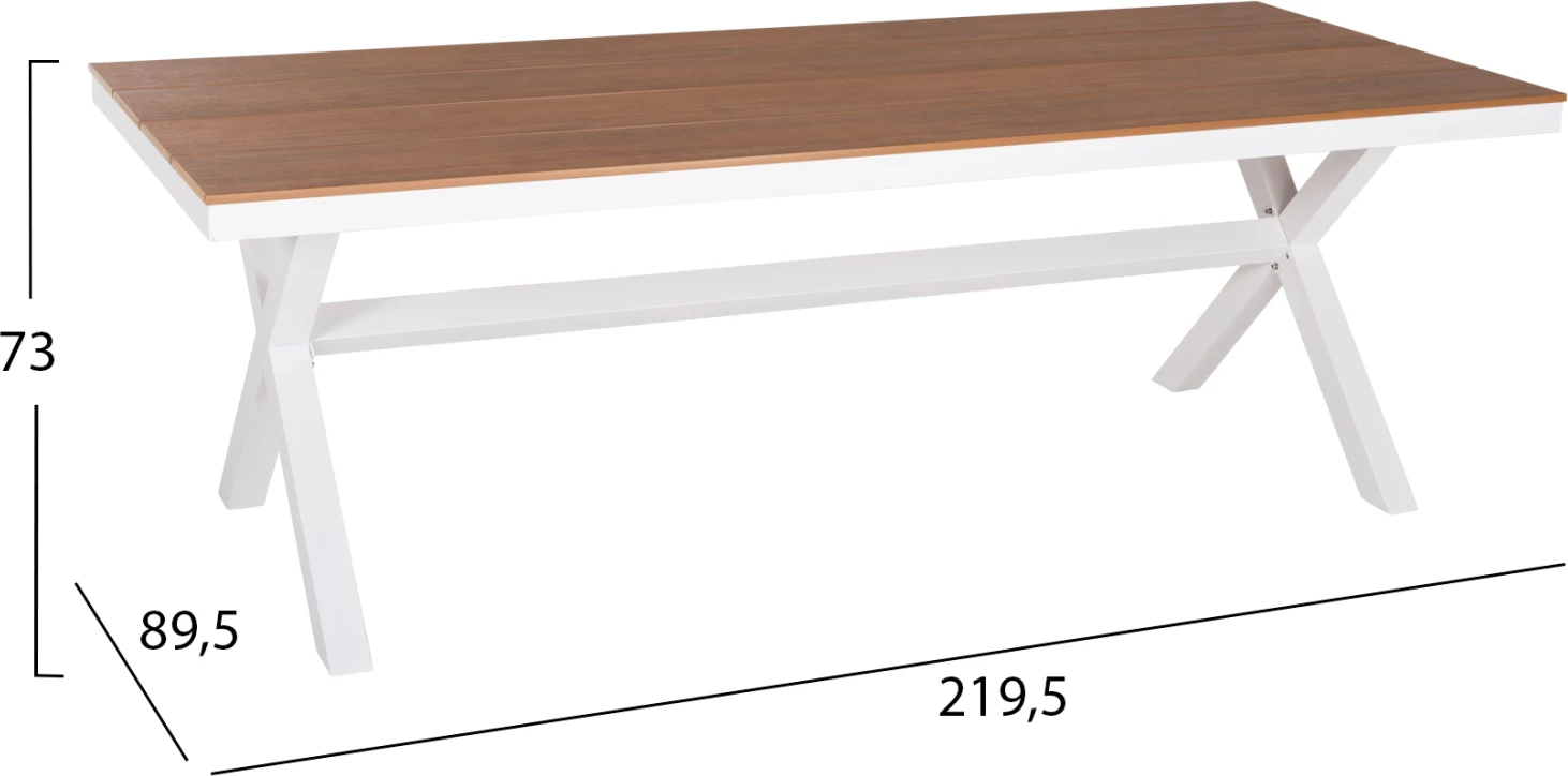 Tavolinë drejtkëndore alumini TAWNEE FH6039.02 ngjyrë bardhë-polivud ngjyrë druri natyral 219,5x89,5x73H cm
