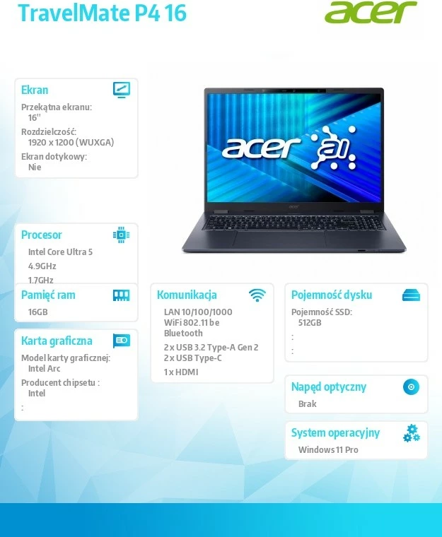 Laptop Acer TravelMate P4 16 TMP416-74-TCO, Intel Core Ultra 5 225H, 16GB RAM, 512GB SSD, Windows 11 Pro, E zezë