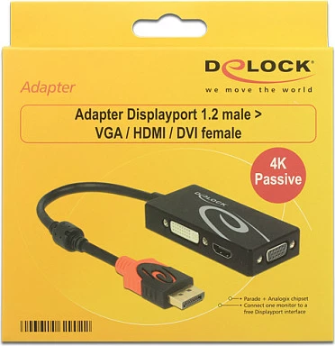Adapter DeLOCK DisplayPort 1.2 në VGA/HDMI/DVI-D, 4K, 0.2 m, i zi