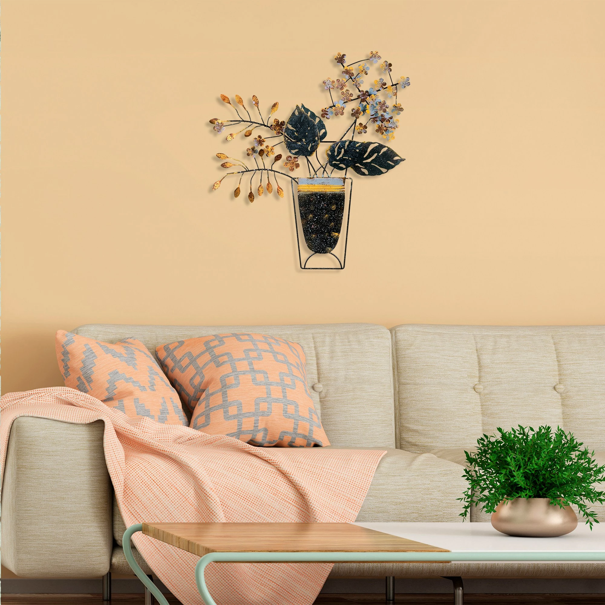 Aksesor dekorativ metalik për mur, lule në vazo, Wallity, shumëngjyrësh