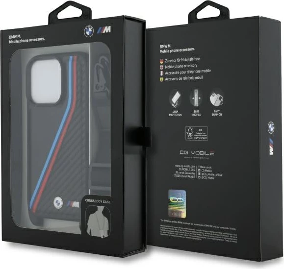 Mbështjellës BMW M Edition Carbon me vija trikolore dhe rrip për iPhone 16 Pro Max, Zi