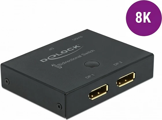 Switch DisplayPort DeLOCK 2-në-1 bidireksional, 8K 30Hz, metal, kabllo 1m, i zi