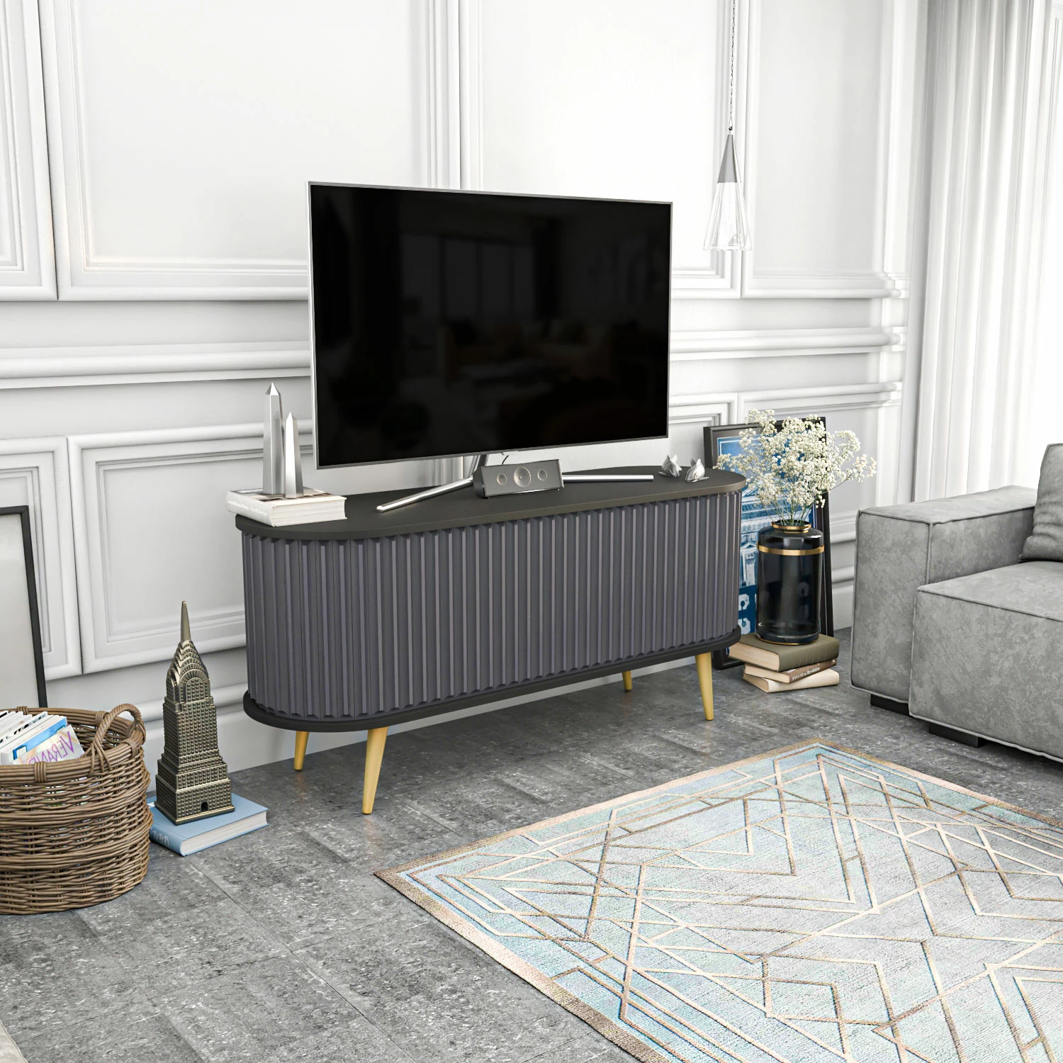 Komodë TV Skye Decor, e madhe, ngjyrë e zezë dhe antracit