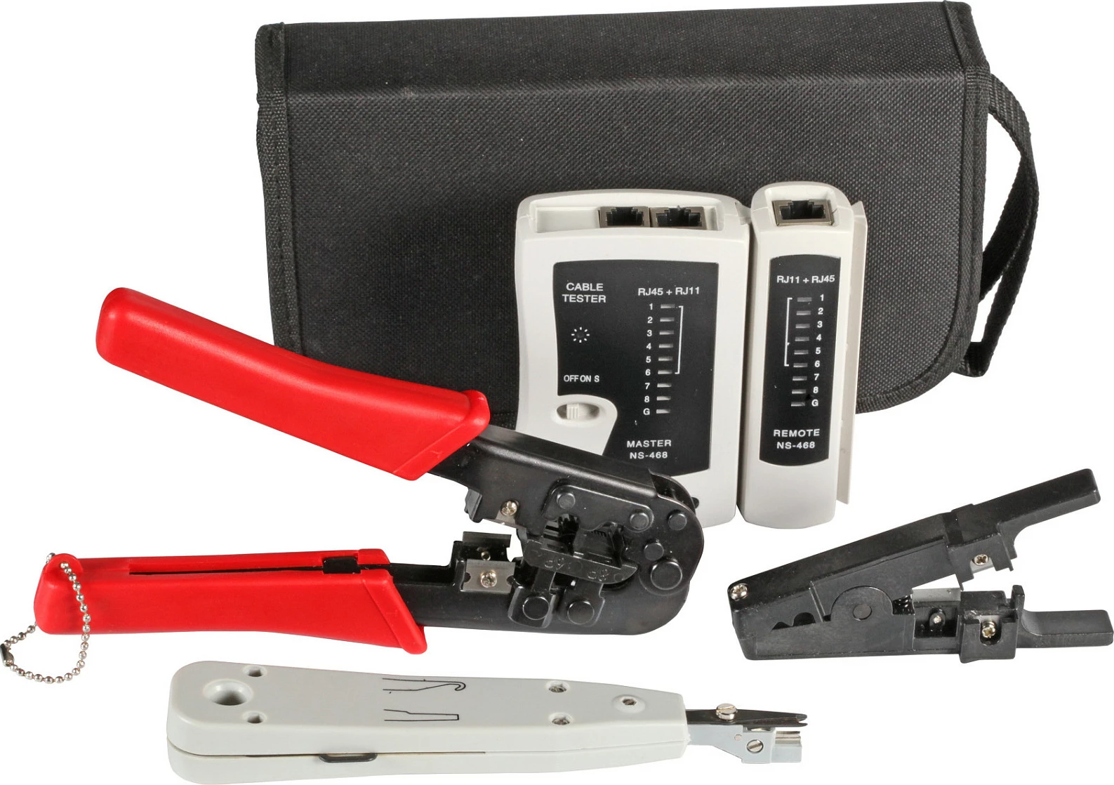 Set veglash rrjeti EFB Elektronik, tester kabllosh RJ-11/RJ-12/RJ-45, 4 pjesë, me çantë, zi/kuq/bardhë