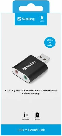 Adapter audio USB SANDBERG USB to Sound Link 133-33, 2x 3.5mm (mikrofon + kufje/altoparlant), zi/bardhë, set 1 copë