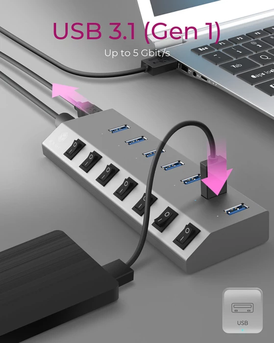USB hub ICYBOX IB-HUB1701-C3 7-port USB-A me USB-C/USB-A, switch per port, BC 1.2, 65 W, antracit