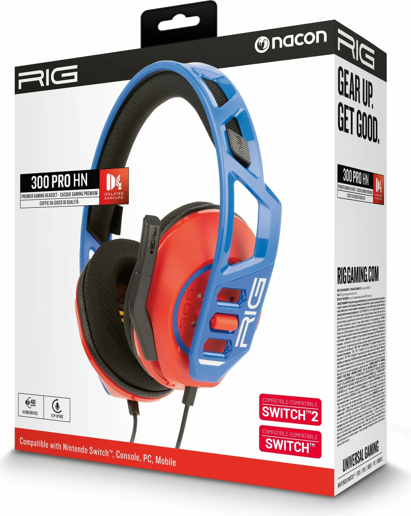 Kufje gaming Nacon RIG 300 PRO HN, 40 mm, me kabllo 3.5 mm 1.5 m, mikrofon i palosshëm, për Nintendo Switch 2/Switch, kuqe/kaltër