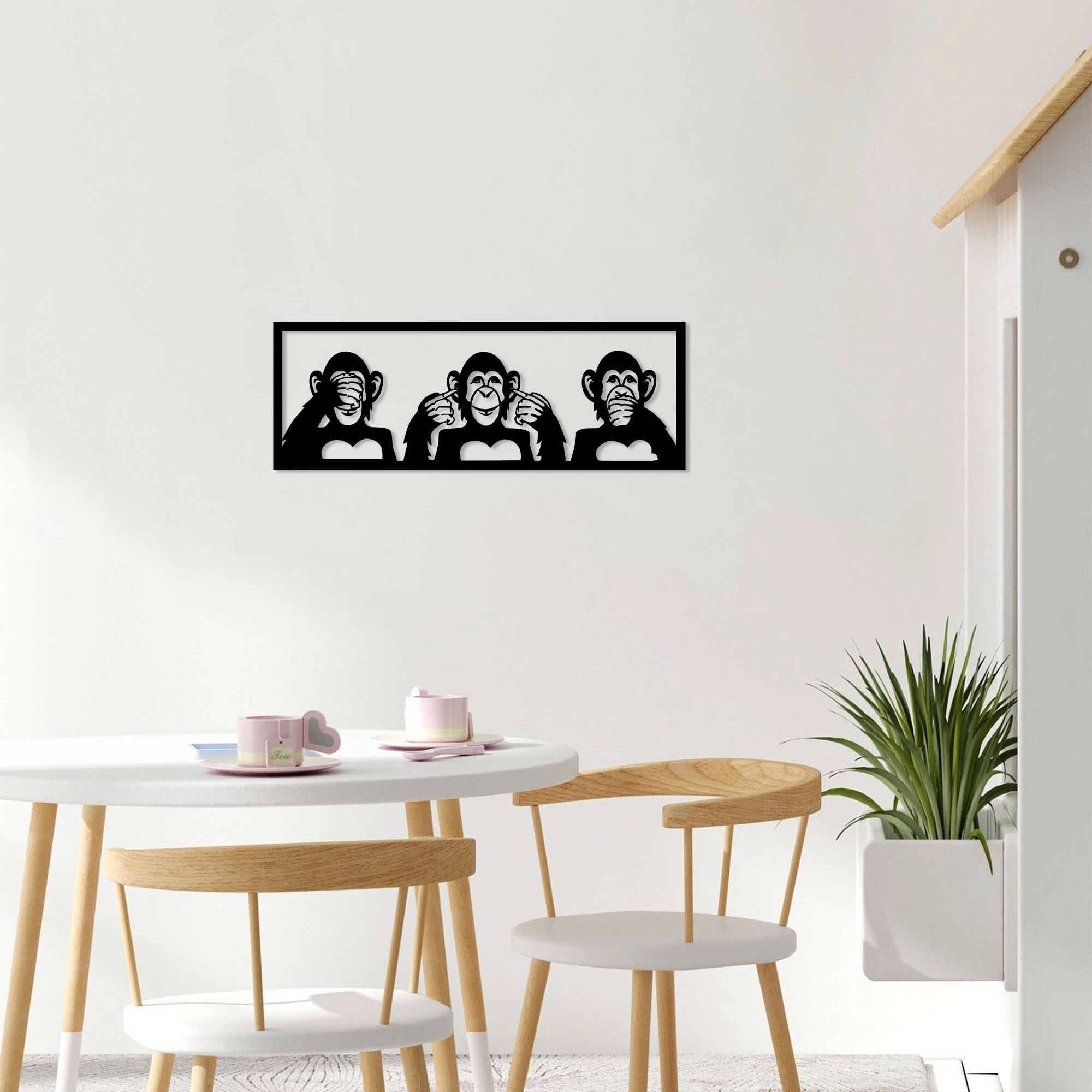 Aksesor dekorativ metalik për mur, tre majmunët, Wallity, i zi, 70x25cm