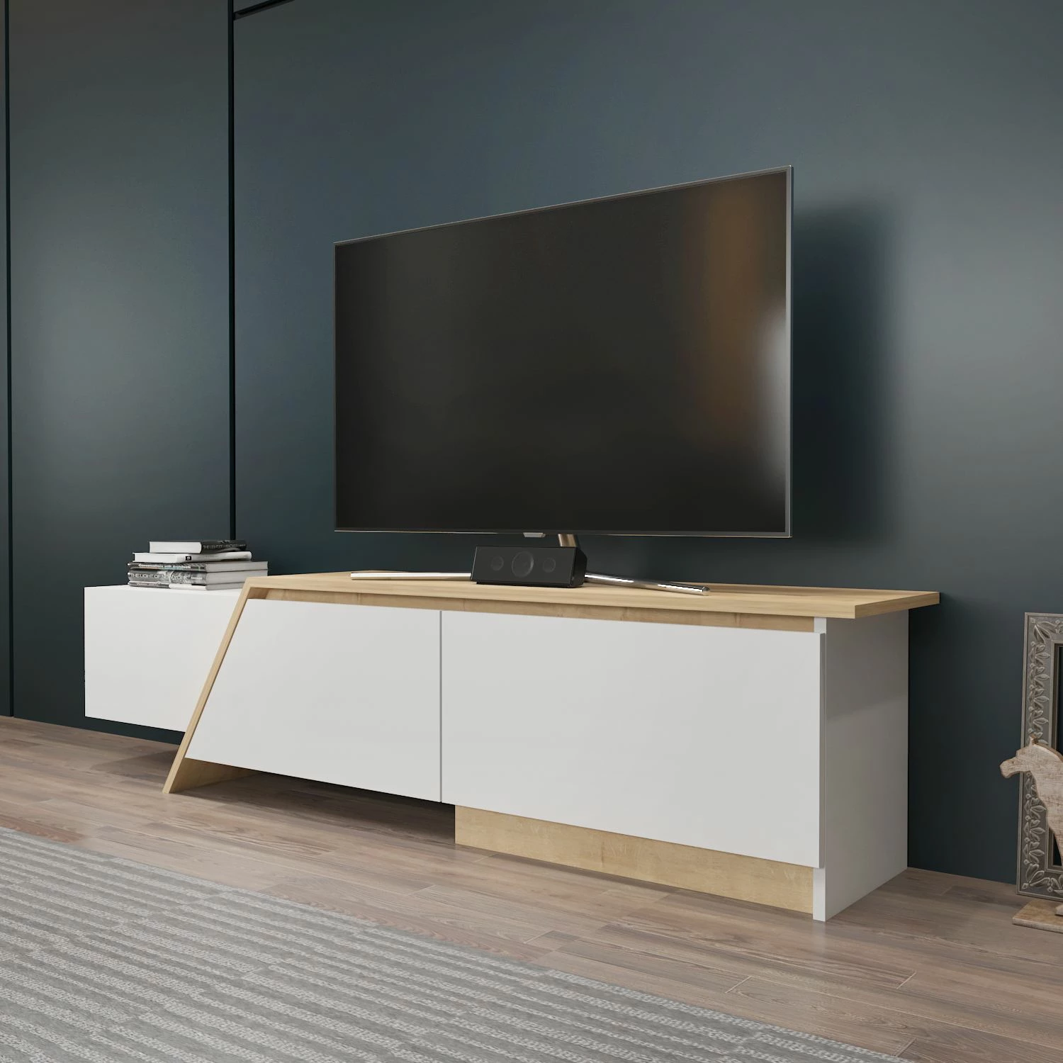 Komodë TV Skye Decor, Zonas, e bardhë dhe lis safir