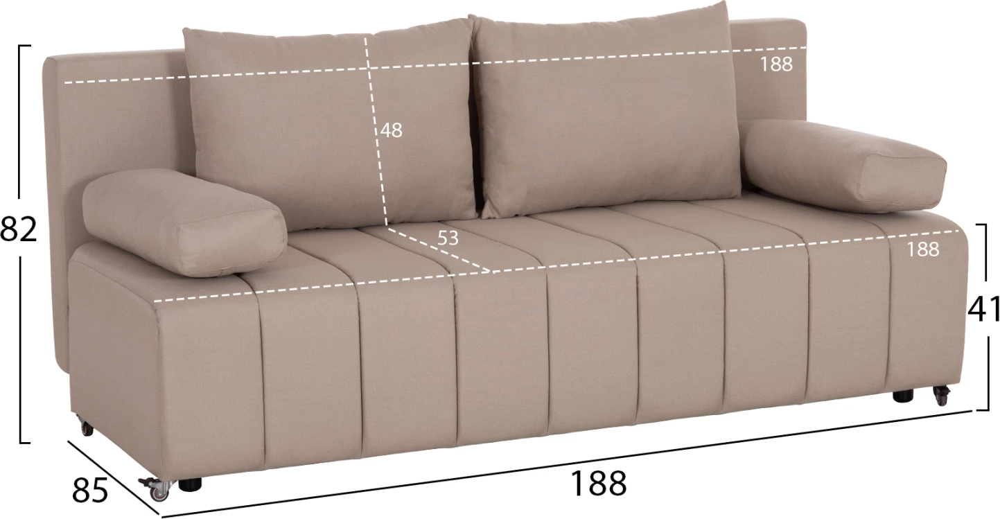 Krevat-sofa 3 vendesh KEND, material stof, bezhë e çelët, 188x85x82cm