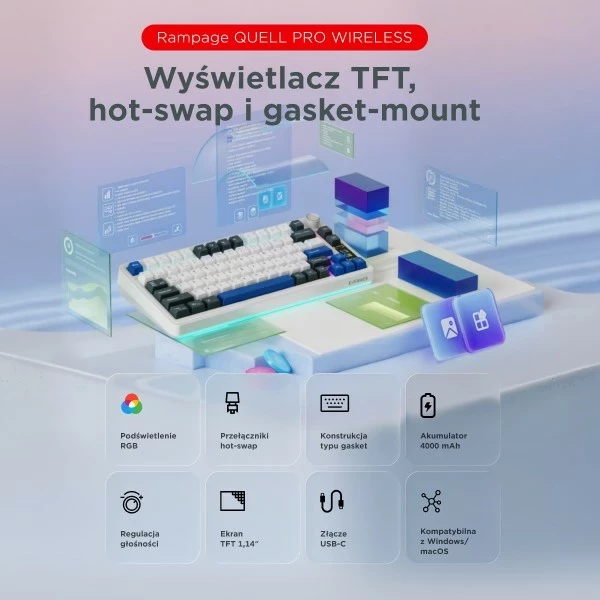 Tastierë mekanike wireless Rampage Quell Pro, 75%, RGB, Hot-Swap, Bluetooth/2.4G, e bardhë