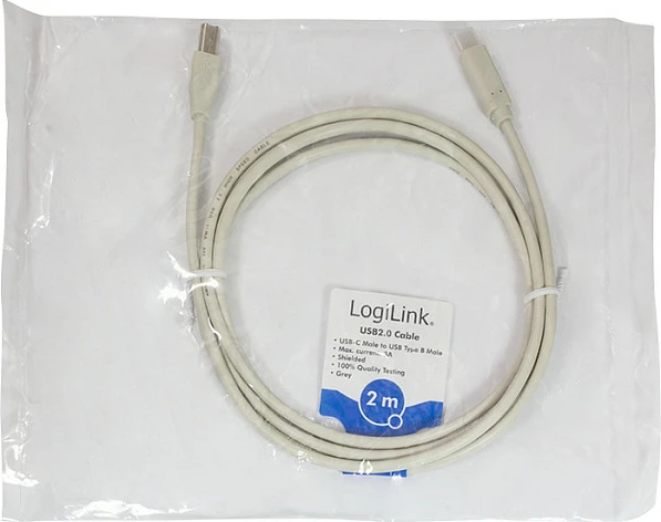Kabllo USB LogiLink USB 2.0 Type-C në Type-B, 2 m, gri