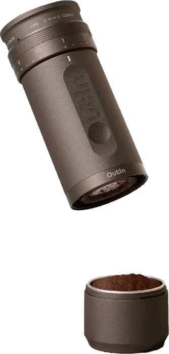 Mulli elektrik kafeje, Outin Fino OTCG-01-TB, burr konik 38 mm inox, 28 nivele me mikro‑rregullim, bateri USB-C, ngjyrë kafe