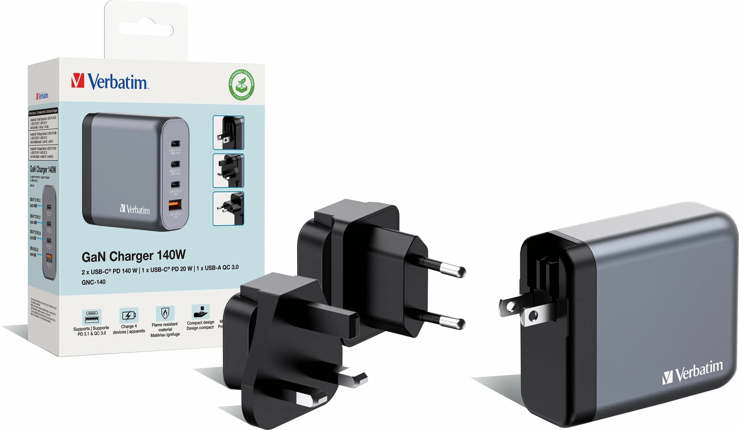 Karikues rrjeti GaN Verbatim GNC-140 140 W, 3x USB-C + 1x USB-A, QC 3.0/PD, 5 A, me kabllo USB-C 1 m, gri