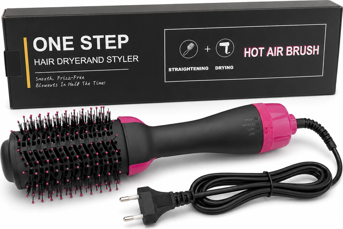 Furçë tharëse dhe stilizuese One Step Hot Air Brush, 1200W, e zezë/rozë