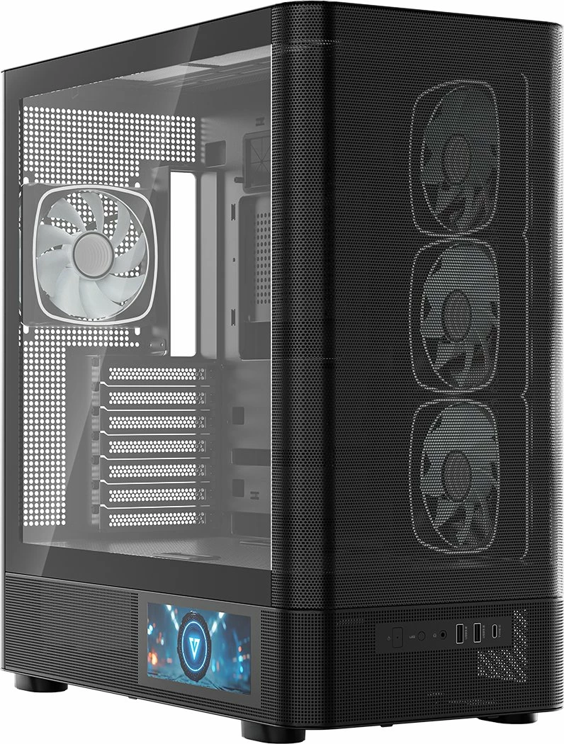 Kasë Modecom Volcano AQ400 ARGB (MC-A-AQ400-4FA-B) Midi Tower ATX/mATX/ITX, ekran LCD, 4x120mm ARGB, USB-C, e zezë