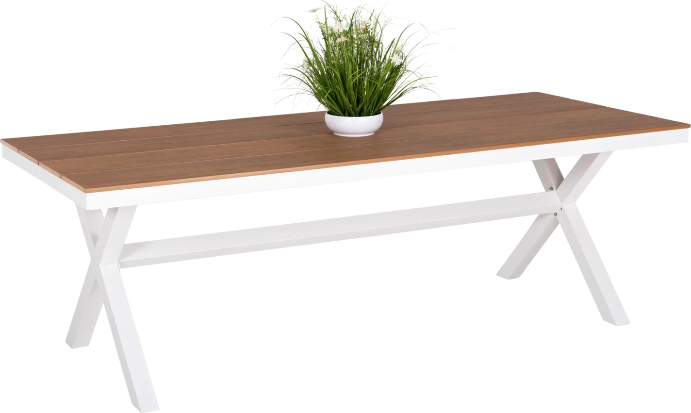 Tavolinë drejtkëndore alumini TAWNEE FH6039.02 ngjyrë bardhë-polivud ngjyrë druri natyral 219,5x89,5x73H cm