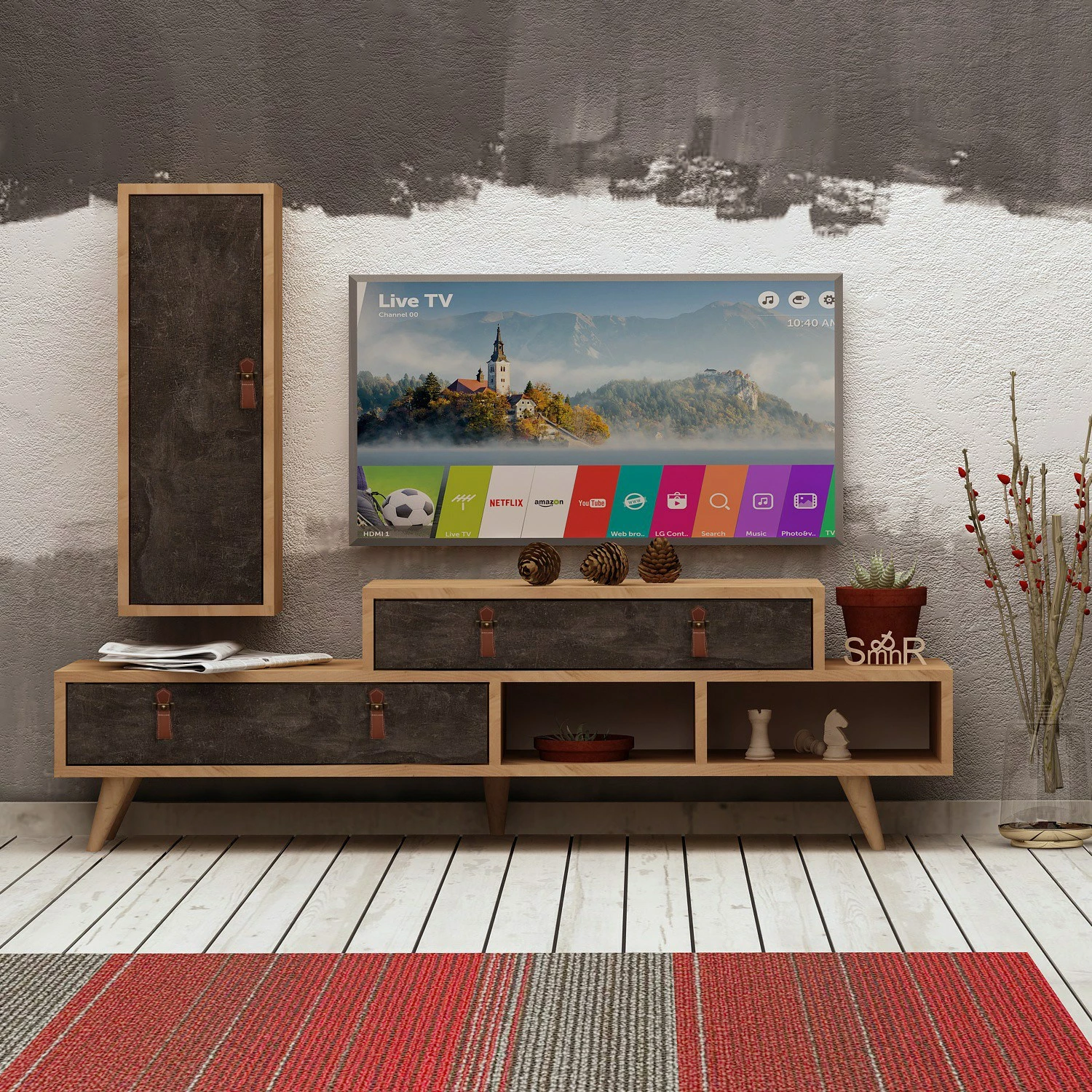 Komodë TV Skye Decor, Joseph, ngjyrë lis dhe gri e errët