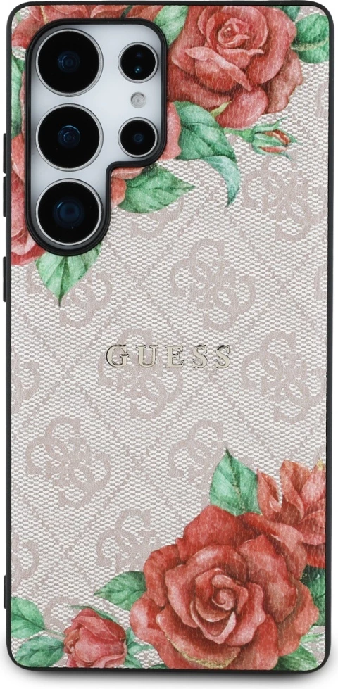 Mbështjellës Guess Leather 4G Flowers Print Metal Classic Logo MagSafe për Samsung Galaxy S25 Ultra, Rozë