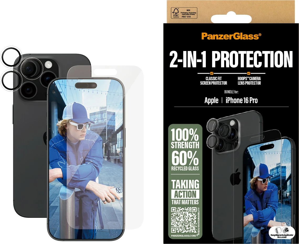 Mbrojtës ekrani PanzerGlass për iPhone 16 Pro, set 2-në-1, transparent
