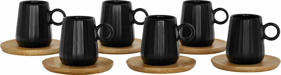 Set filxhanësh espresso Ripple, 6 copë, porcelan i zi, bambu natyral, 26x23x6cm