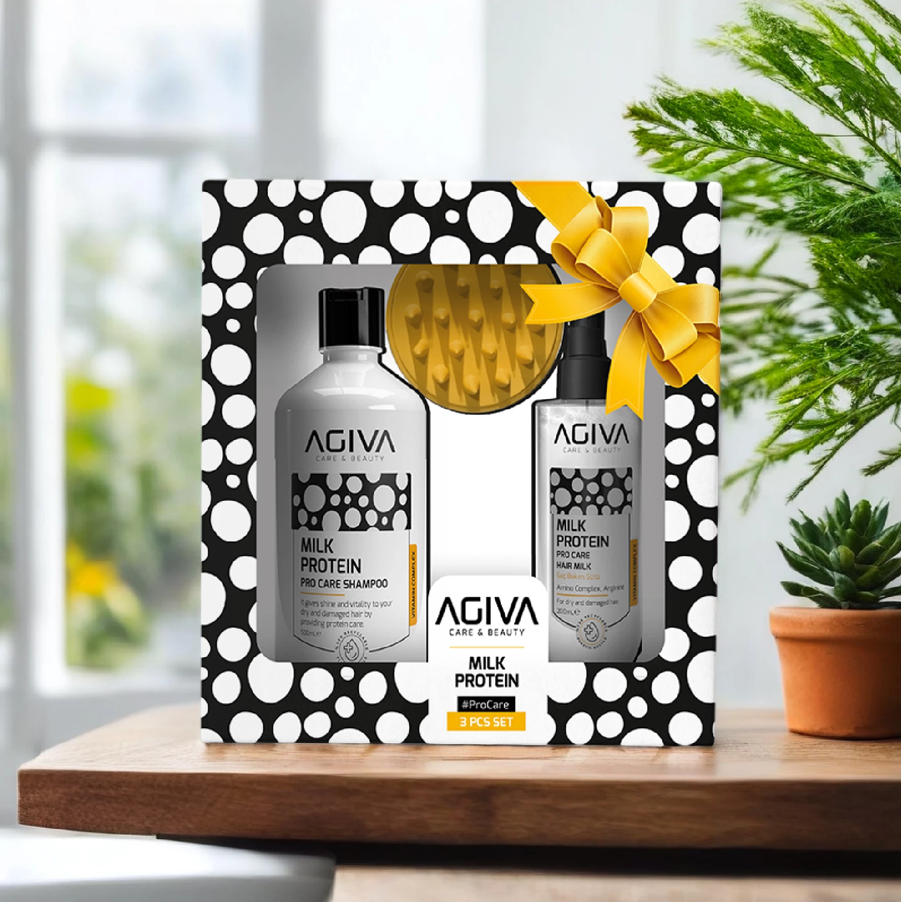 Set 3 pjesësh Pro Care Agiva Milk Protein Amino Complex (Shampon 500 ml+Qumësht 200 ml+Krehër)