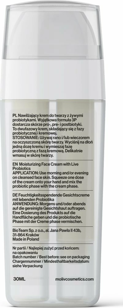 Krem fytyre MOLIV Face Moisturizing Cream me probiotikë të gjallë 30 ml, vegan