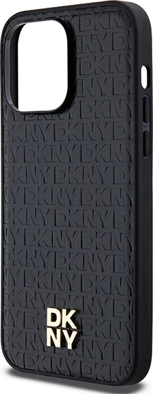 Mbështjellës DKNY Leather Monogram Pattern Metal Logo MagSafe për iPhone 14 Pro Max, Zi