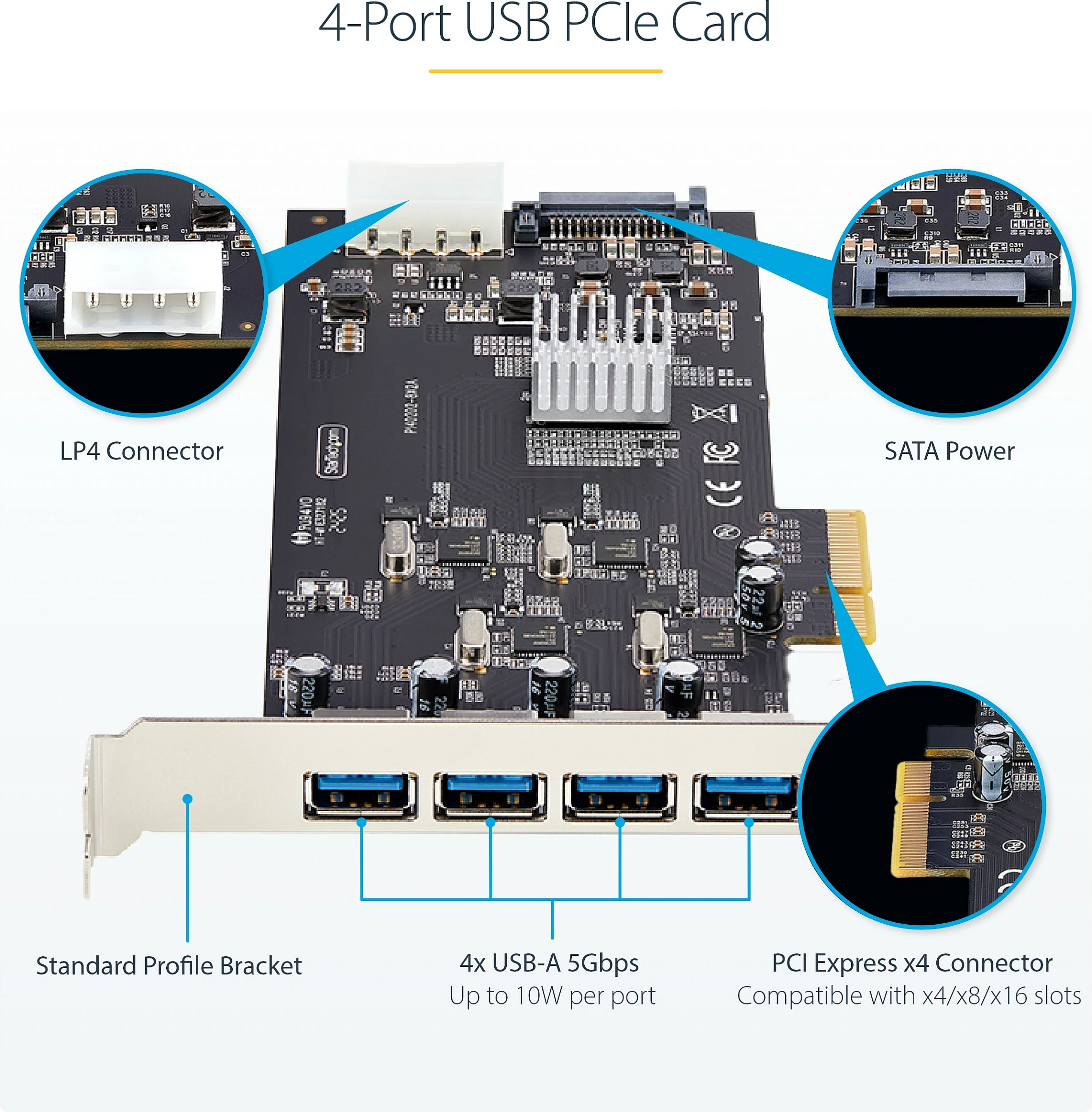 Kartë zgjerimi USB PCIe StarTech 4-Port, USB 3.2 Gen 1 5Gbps, 4x USB-A, PCIe 2.0 x4, e zezë