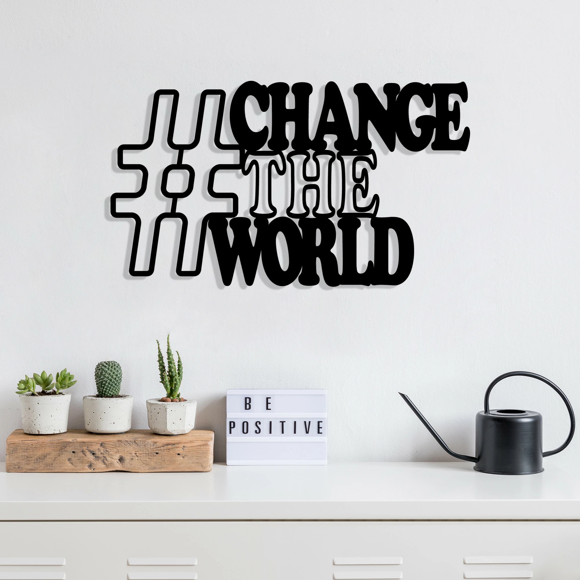 Aksesor dekorativ metalik për mur, Wallity, #CHANGE THE WORLD, ngjyrë e zezë, 70x40cm