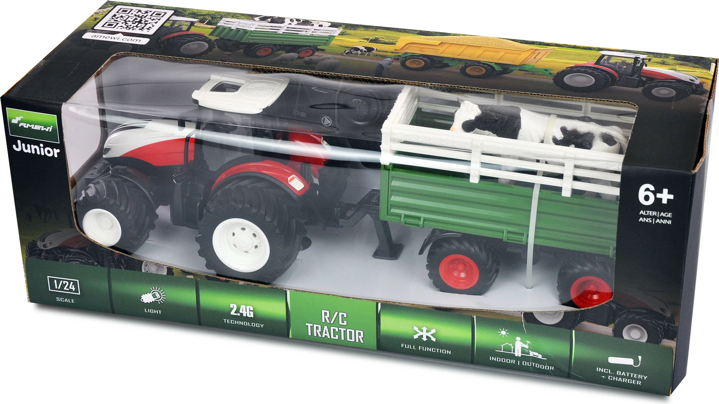 Traktor lodër RC AMEWI 22601, 1:24, 2.4 GHz, bateri 500 mAh, me drita, kuq/bardhë/zi + rimorkio e gjelbër