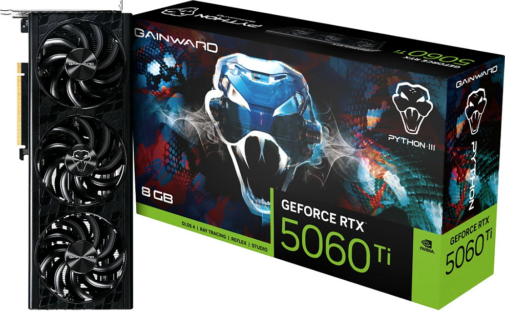 Kartelë grafike Gainward GeForce RTX 5060 Ti Phyton III OC, 8GB GDDR7, 3 fanë, e zezë