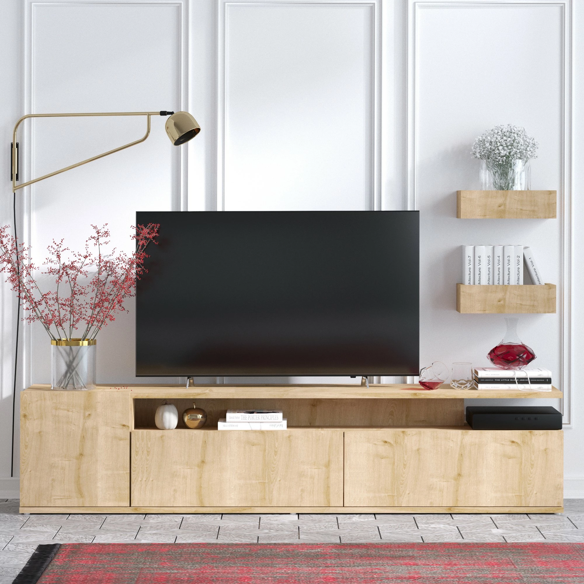Komodë TV Hanah Home, Alika, ngjyrë lisi, me rafte muri