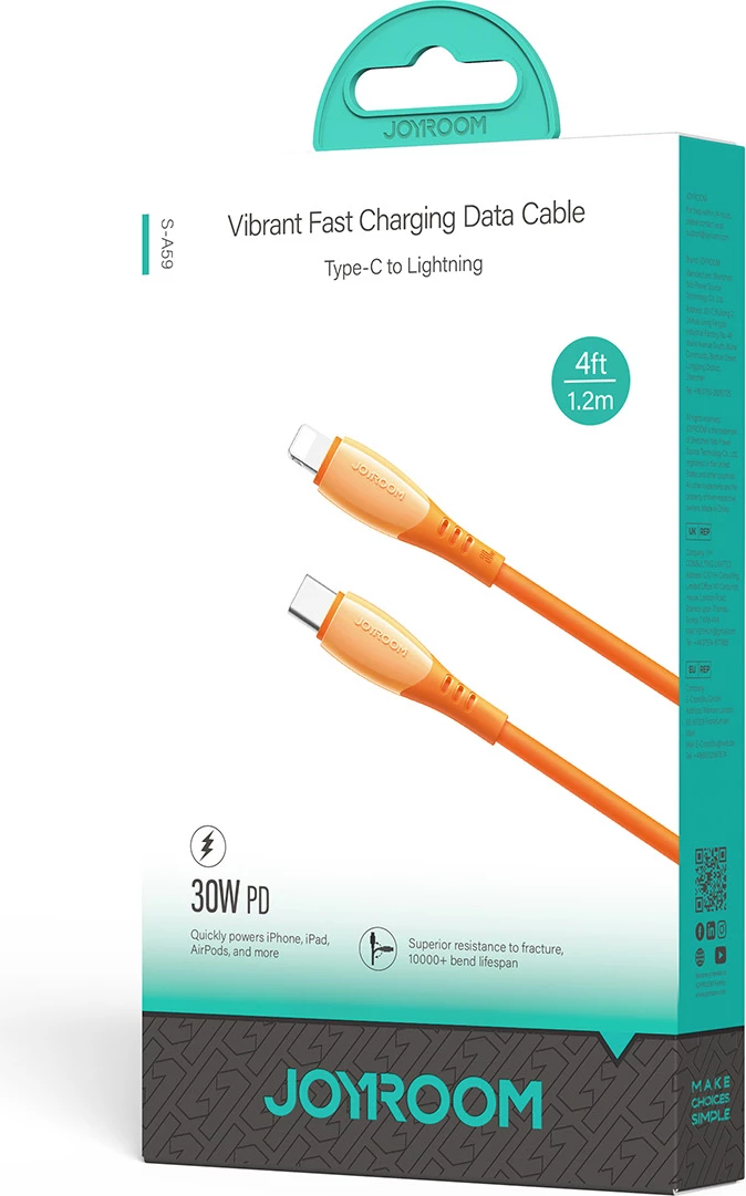 kabllo USB-C në Lightning Joyroom S-A59 Vibrant Series 30W 1.2m, portokalli, paketim kuti
