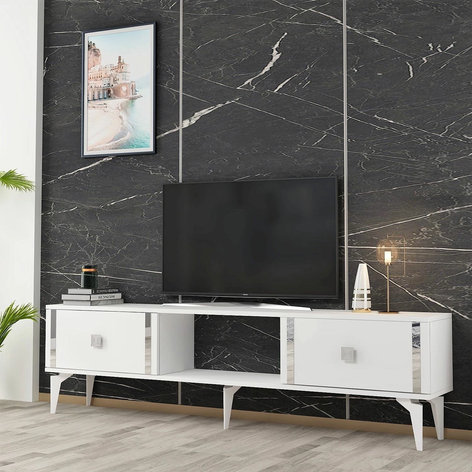 Komodë TV Skye Decor, e bardhë, argjend