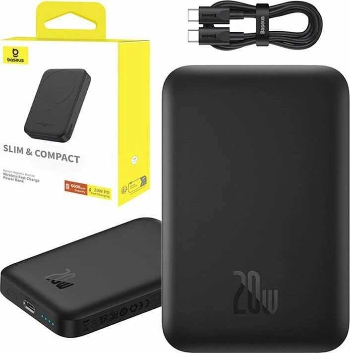 Powerbank Baseus Magnetic Mini Air 6000mAh 20W, karikim wireless magnetik, me kabllo USB-C në USB-C 30cm, i zi