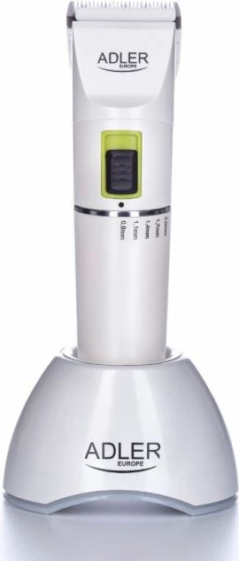 Makinë për prerje flokësh ADLER AD2827, Li-ion 2200 mAh, 5 orë punë, 2 shpejtësi, 4 krehëra 3/6/9/12 mm, me stacion karikimi, e bardhë/argjend, set