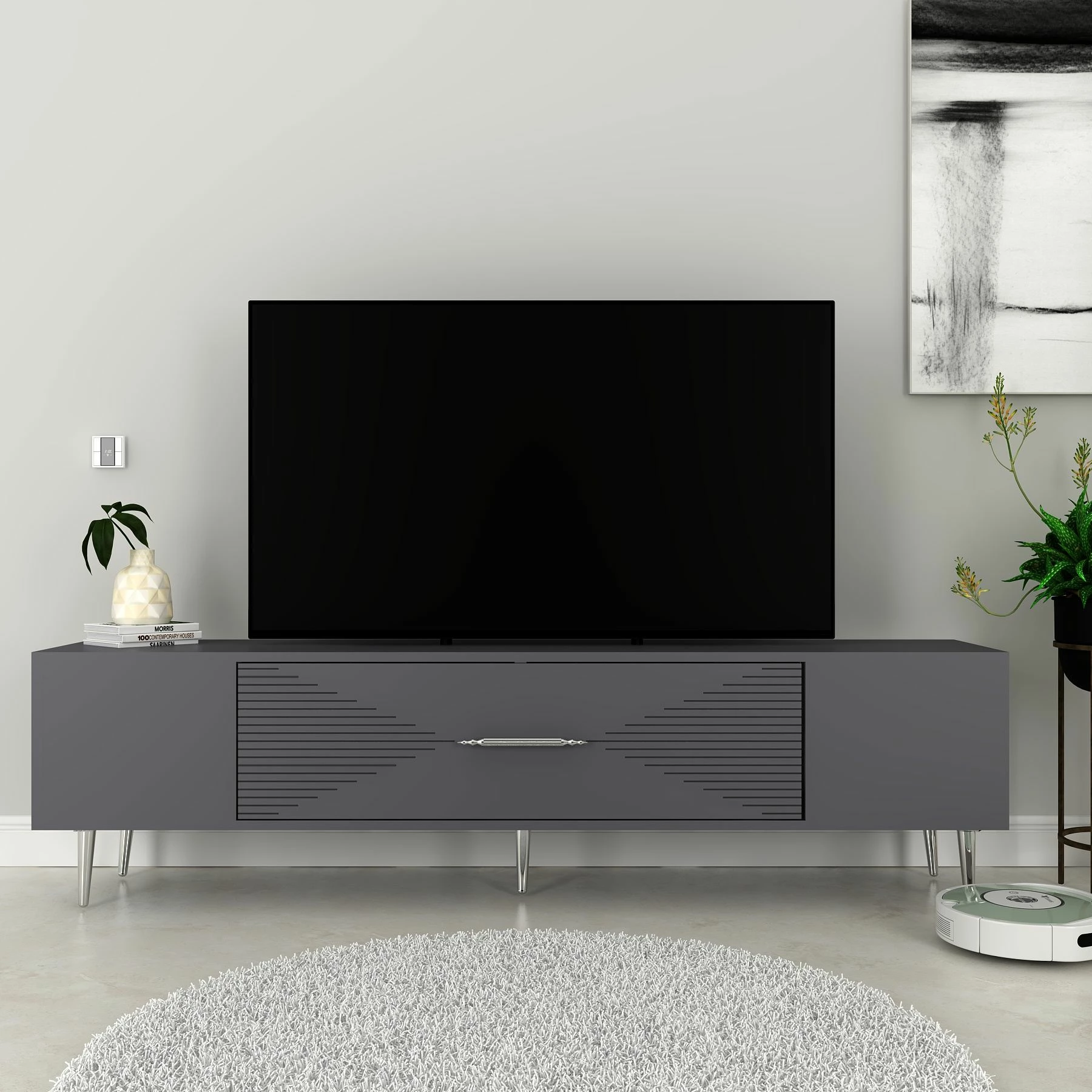 Komodë TV Skye Decor, Dekol1, antracit, argjend