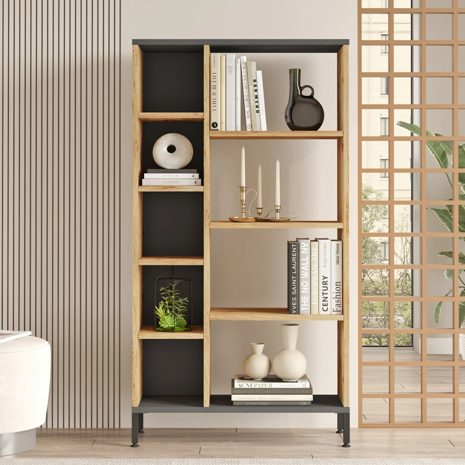 Raft librash Hanah Home, ngjyrë pishë Atlantike dhe antracit, Rl3-Aa