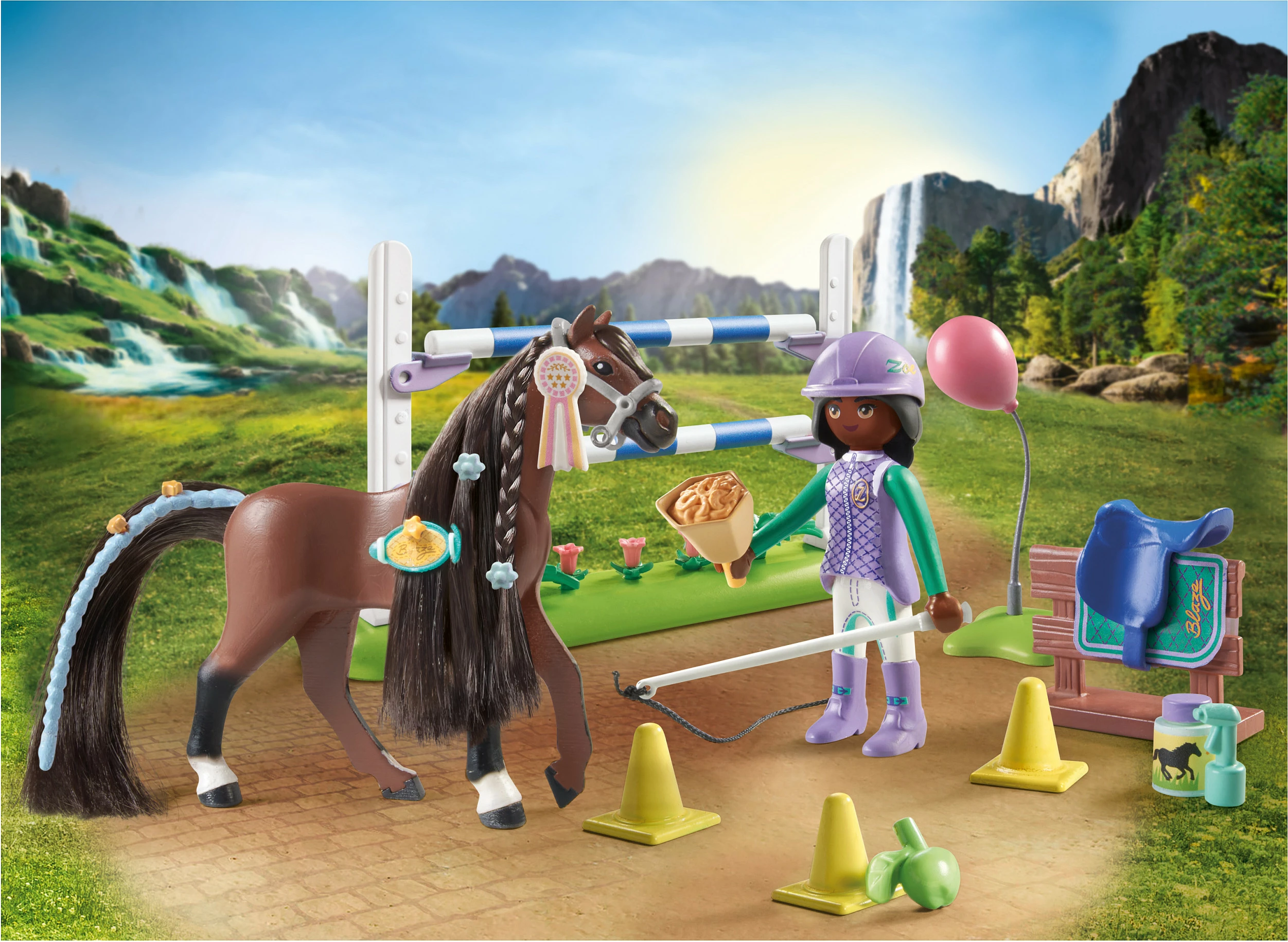 Set lodrash Playmobil 71355 Horses of Waterfall Zoe & Blaze, parcours turniri, 67 copë, shumëngjyrësh