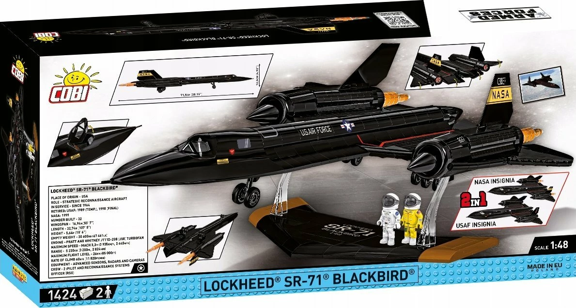 Set ndërtimi Cobi Lockheed SR-71 Blackbird Executive Edition, 1424 pjesë, shkallë 1:48, 71 cm, e zezë, me 2 figura pilot dhe stendë
