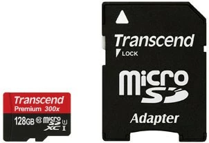 Kartelë memorie Transcend microSDHC 128GB me adapter, Class 10, UHS-I, e zezë/kuqe
