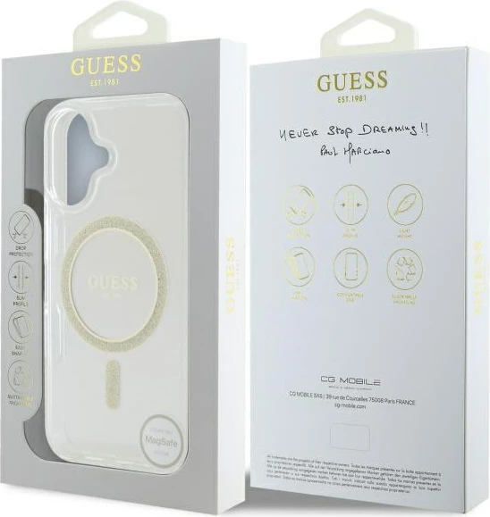 Mbështjellës Guess GUHMP16MHFGERET për iPhone 16 Plus 6.7", transparent, Glitter Circle MagSafe