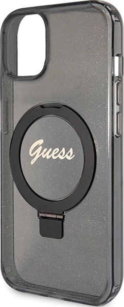 Mbështjellës Guess Ring Stand Script Glitter MagSafe për iPhone 15 Plus / 14 Plus, i zi