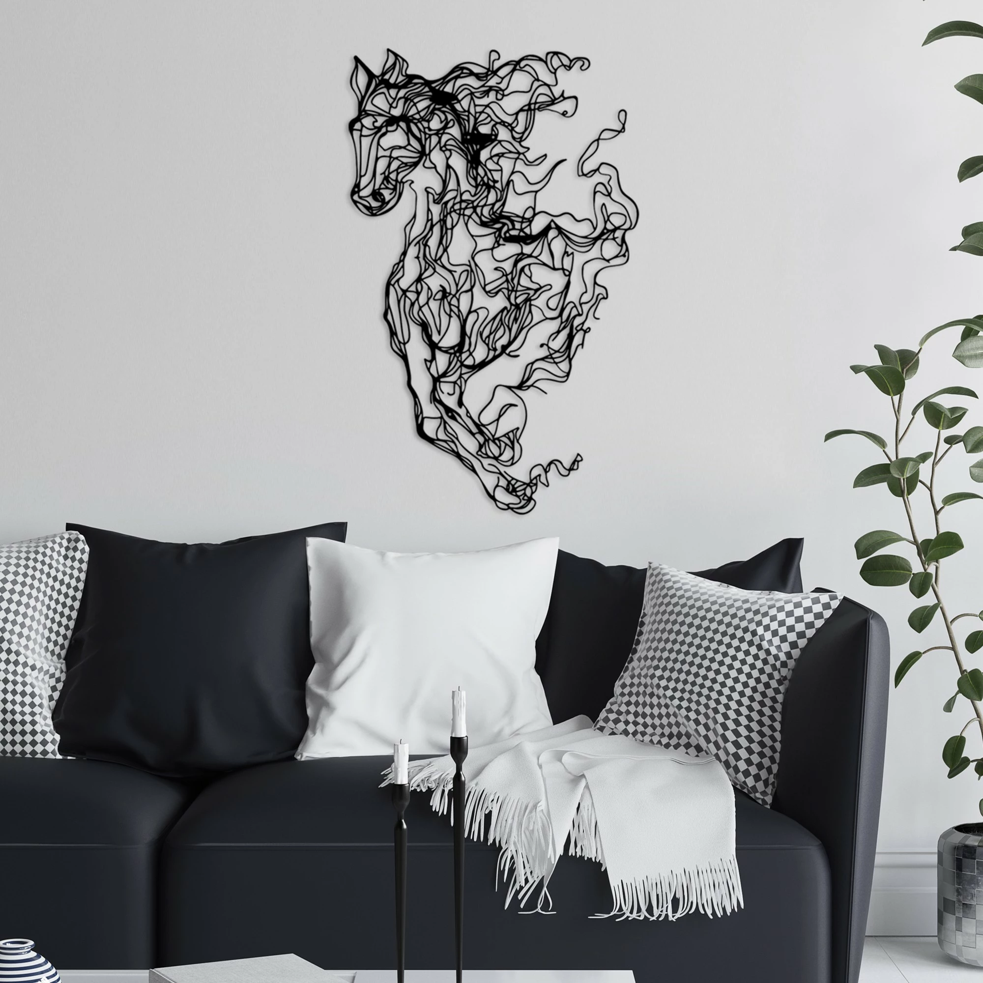 Aksesor dekorativ metalik për mur, Wallity Cavallo-1, ngjyrë e zezë, 41x66cm