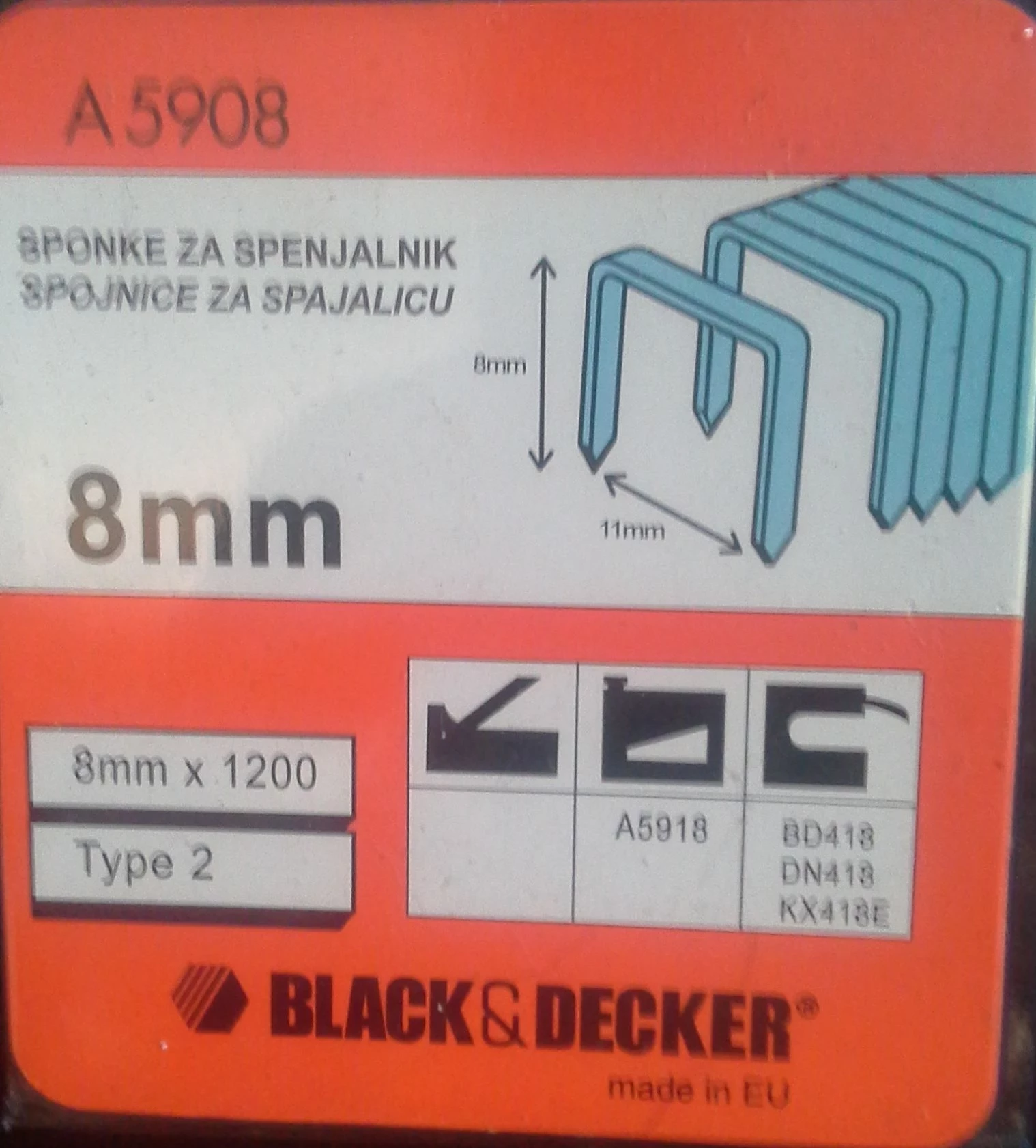 Sponka për pistoletë stapllash Black&Decker A5908YM1 8 mm, Type 2, 1200 copë