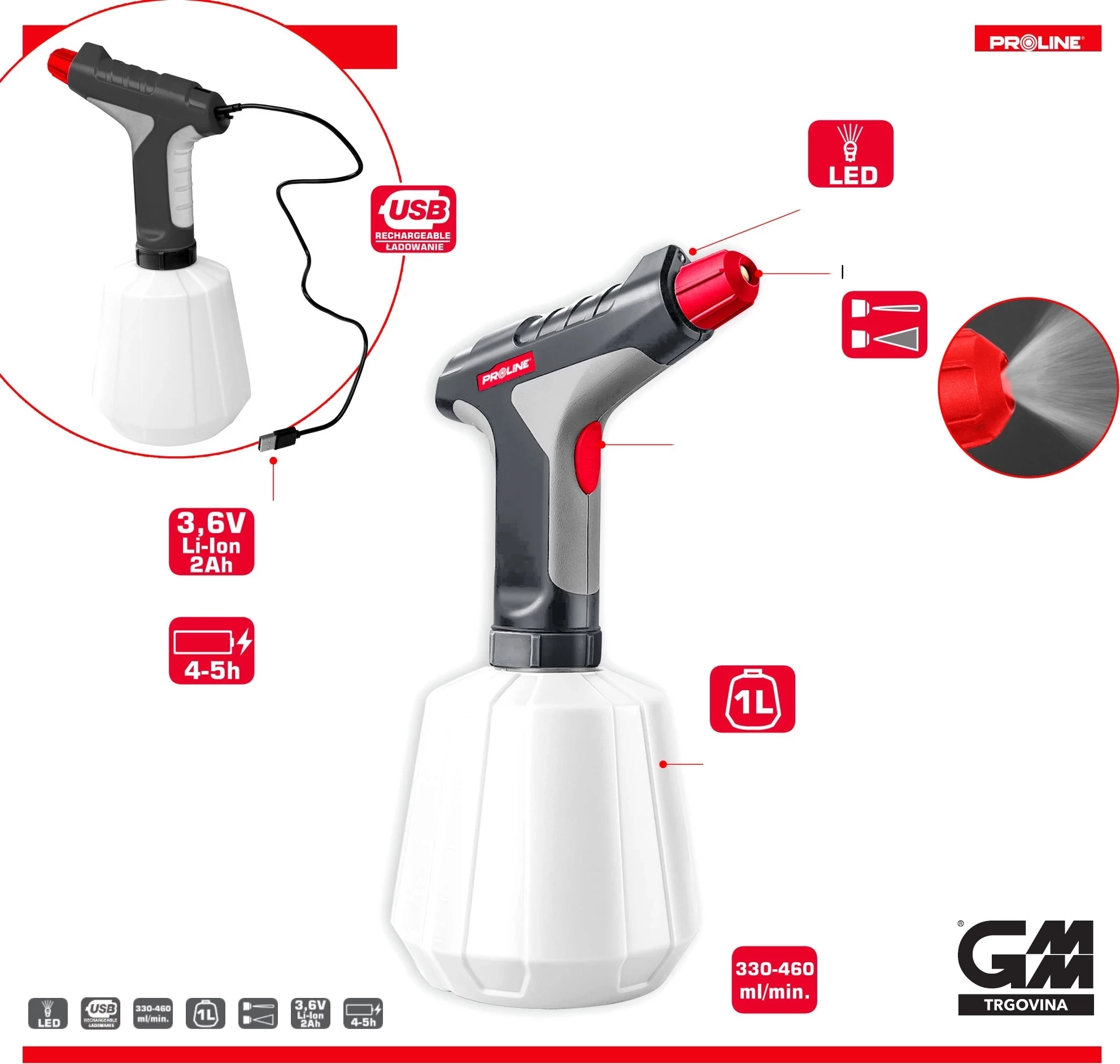 Spërkatës me bateri PROLINE 07909, 1L, 3.6V 2.0Ah, USB, LED, gri/kuqe