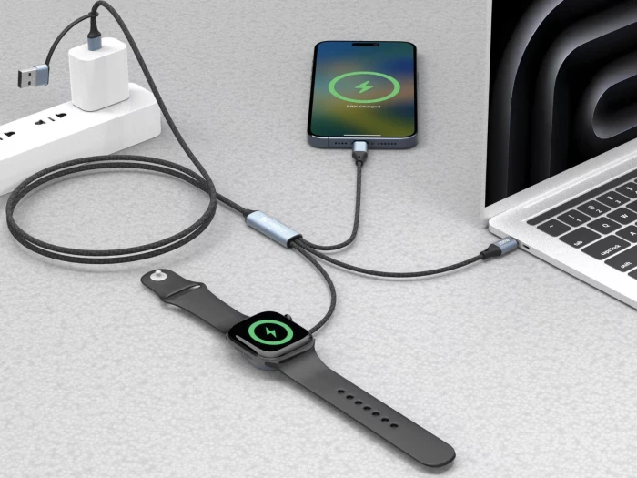 Kabllo karikimi SANDBERG 3v1 Travel Charge Cable 100W, 1.2 m, USB-C/USB-A në 2x USB-C + Apple Watch, e zezë
